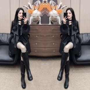 百搭皮衣外套 毛毛袖 轻奢高级感穿搭女装 黑色显瘦洋气时髦翻领冬季