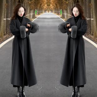 炸街2024冬季 毛呢过膝长款 网红爆款 新款 设计女大衣外套 韩版 毛毛袖