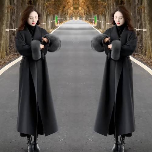 过膝长款韩版毛毛袖设计大衣外套