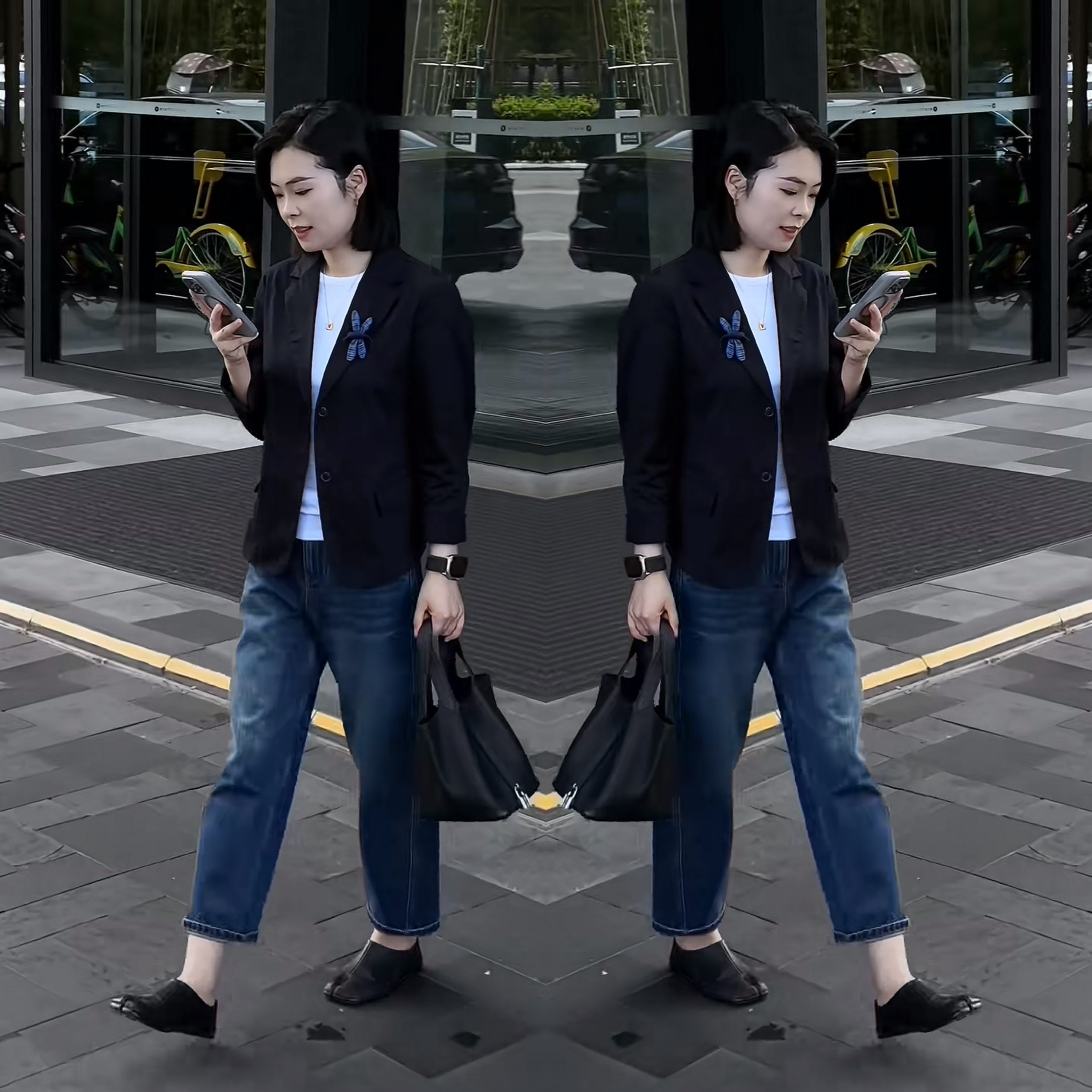 短款显瘦西装外套搭配牛仔裤子潮