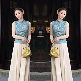 子 新中式 复古国风洋气高级感优雅减龄时尚 印花无袖 上衣搭配阔腿裤