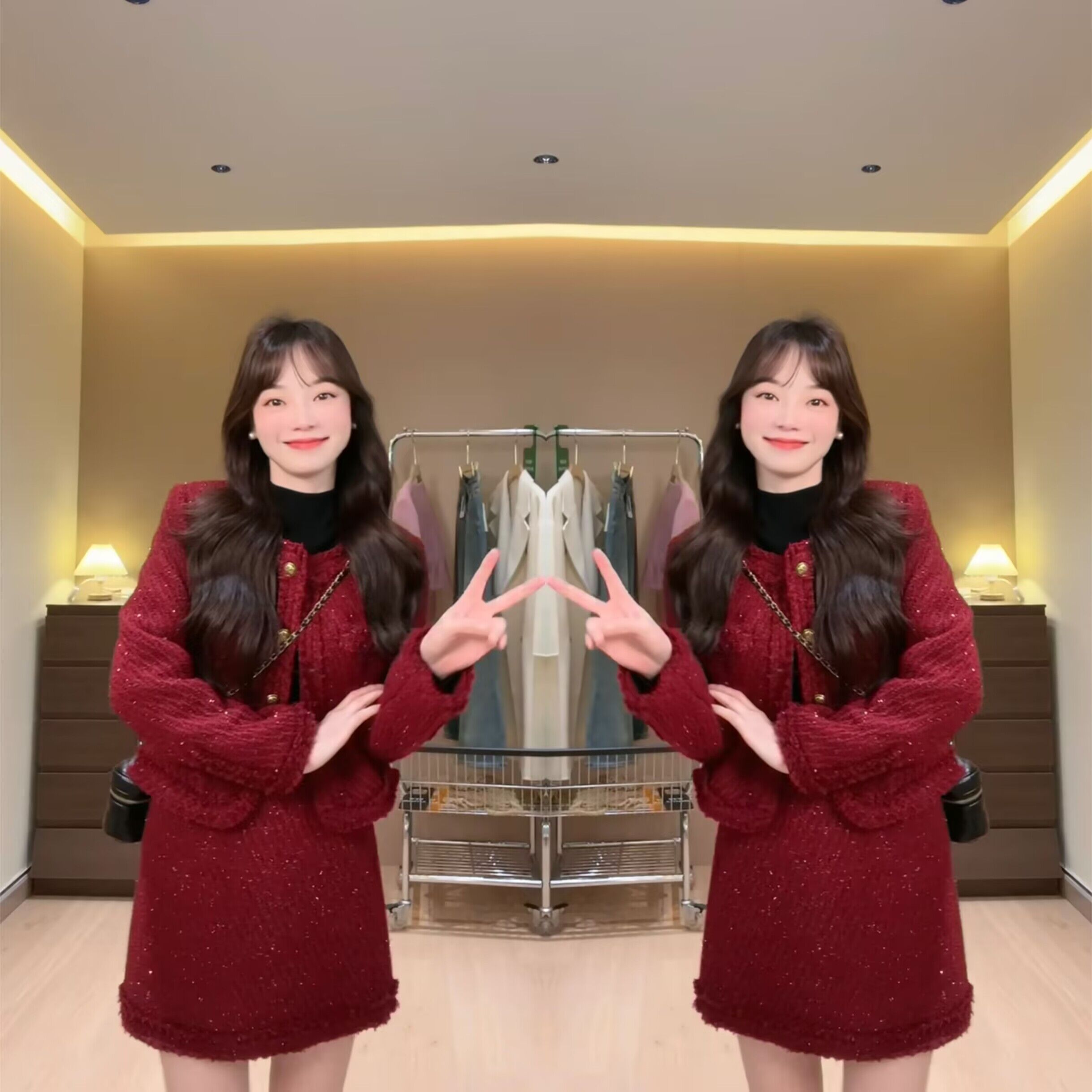 小香风爆款女士套装裙2023年冬季新款时尚纯色单排扣厚款外套裙子