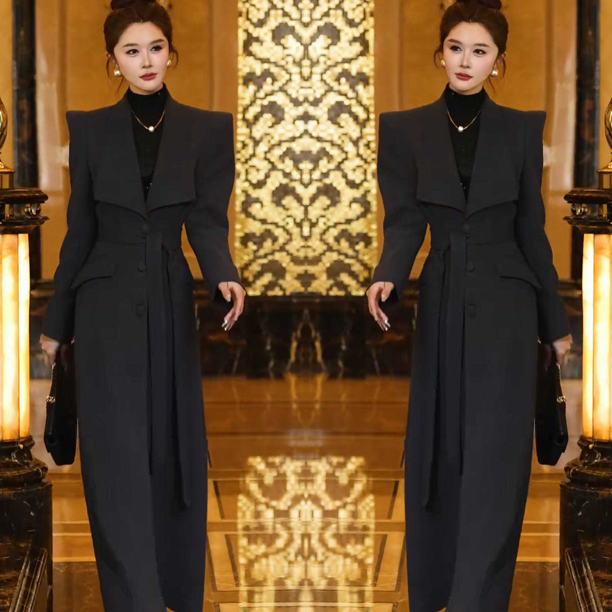 网红爆款高级冬季新款时髦长款高级感系带收腰翻领女士大衣外套潮