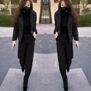 赫本风爆款女装2023年冬季新款洋气时尚纯色长袖翻领棉服高腰裤子