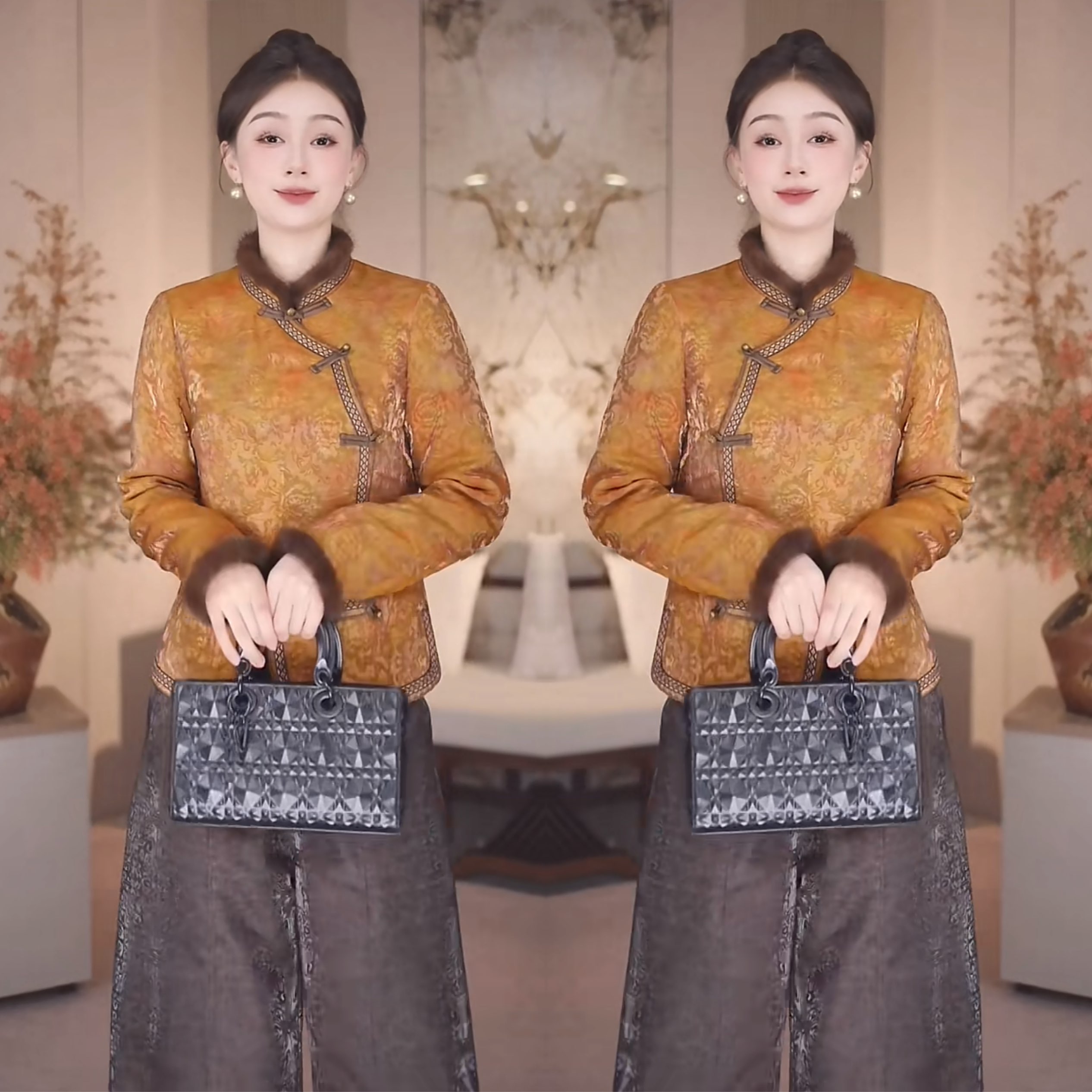 高端提花外套搭配阔腿裤子两件套