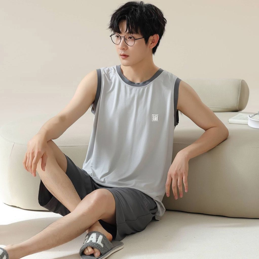 莫代尔男睡衣凉感冰丝背心短裤套装宽松大码男家居服