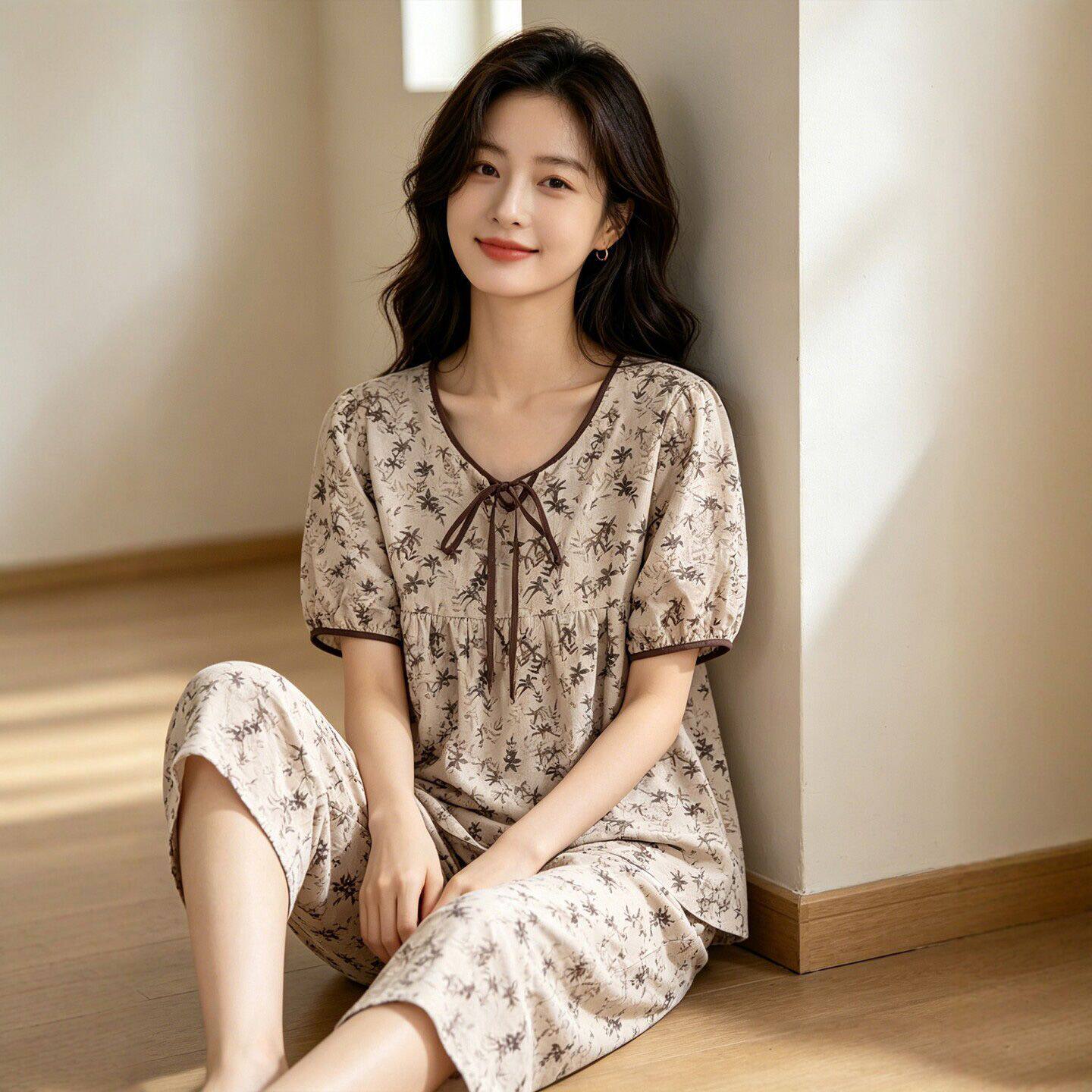 常服女夏季带胸垫免穿内衣薄款短袖七分裤夏天甜美开衫中老年套装