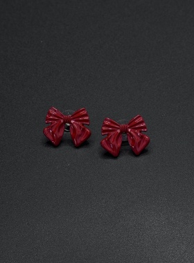 秋冬复古安哥拉红蝴蝶结耳钉精致甜美百搭彩色滴油耳饰P10953