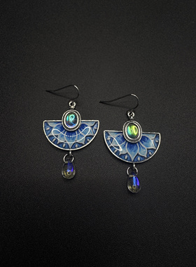 Vintage古著蓝色扇形耳环