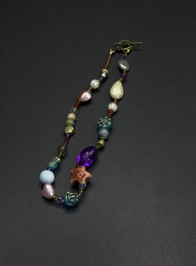 彩色几何串珠项链女小众设计精致复古多巴胺锁骨链配饰颈链R30402