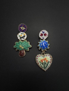 Vintage古著欧美夸张复古爱心印花耳环椰子树波西米亚风女P90755