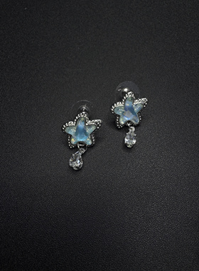 Vintage古着设计感古早风独特小众蓝色星星耳钉P52909