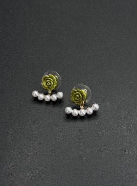 Vintage古著森系绿蔷薇耳钉女简约两戴款耳环夏天独特耳饰R112454