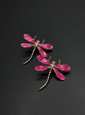 Vintage古著欧美时尚红色蜻蜓小清新耳饰女式小众简约饰品P111554