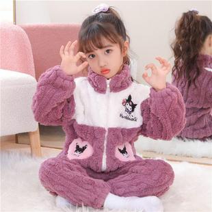 女童加绒睡衣套装24秋冬法兰绒男女宝宝加厚珊瑚家居服拉链两件套