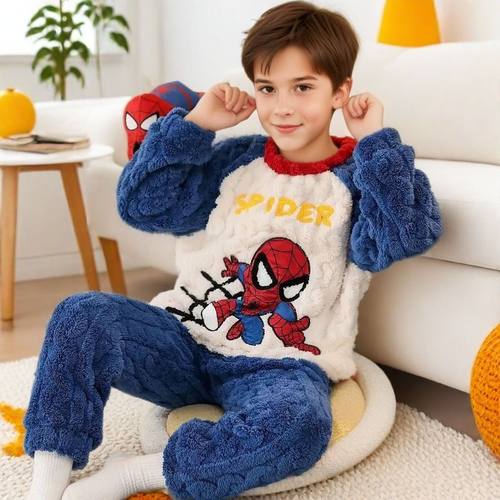秋冬新款珊瑚绒睡衣加厚保暖套装男童睡衣蜘蛛侠中大童家居服套装