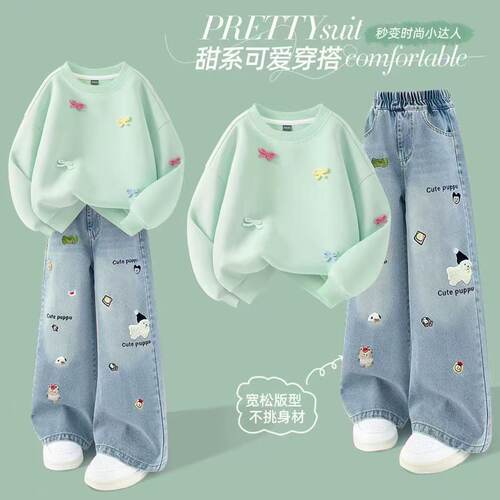 女童春季牛仔卫衣套装