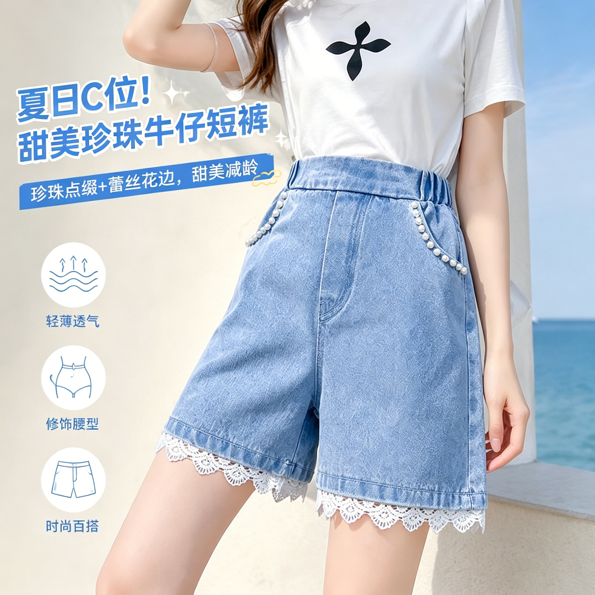 夏季新款甜美珍珠蕾丝牛仔短裤女高腰显瘦宽松阔腿A字热裤百搭薄