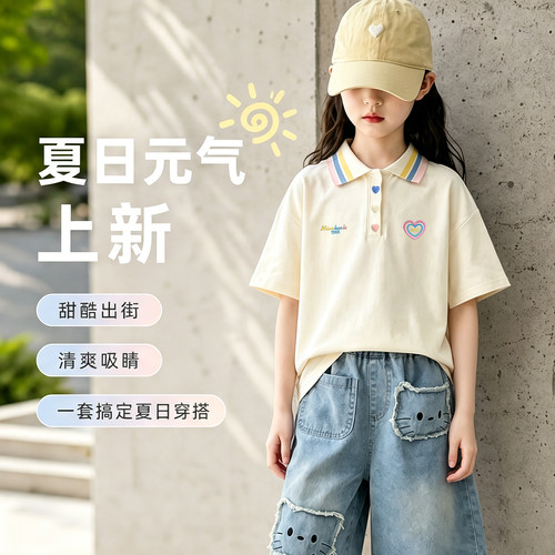 女童夏季Polo衫套装新款儿童韩系彩虹领刺绣短袖牛仔中裤两件套薄