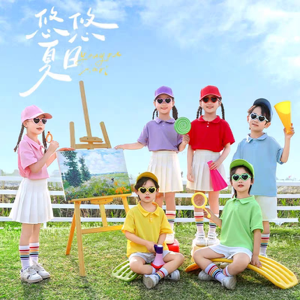 儿童啦啦队演出服糖果彩色短袖polo衫中小学生运动会服装合唱班服