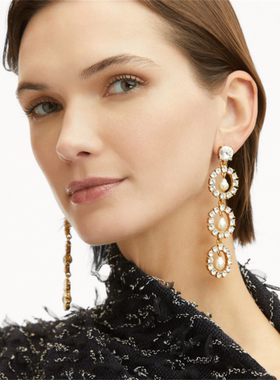 oscar de la renta新款欧美风长款夸张扫肩闪钻水滴珍珠质感耳环