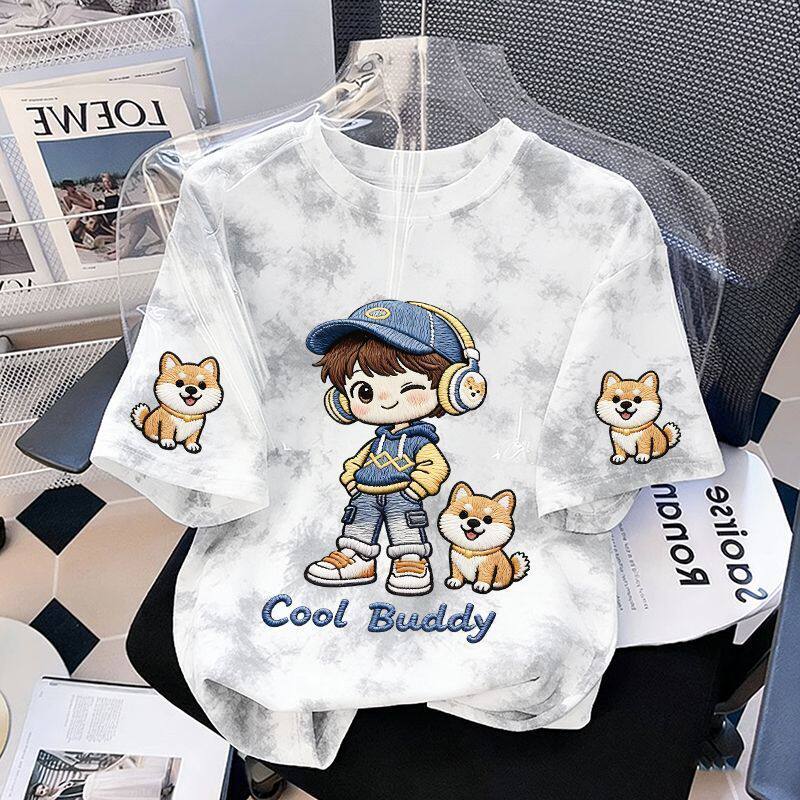 2026新款夏季男童扎染纯色卡通印花宽松短袖圆领T恤帅气上衣潮T恤