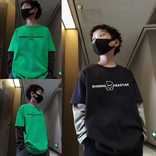 男童假两件长袖T恤嘻哈韩版