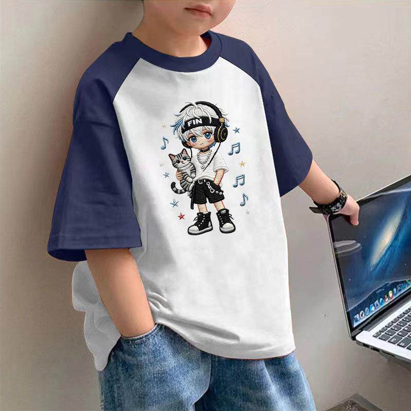 2026新款印花男孩纯棉衣服男童夏季儿童洋气仿刺绣拼接短袖t恤潮T