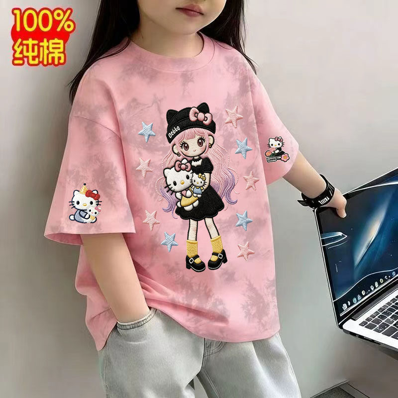 女童扎染短袖T恤2026夏装新款儿童卡通猫上衣中大童宽松纯棉半袖