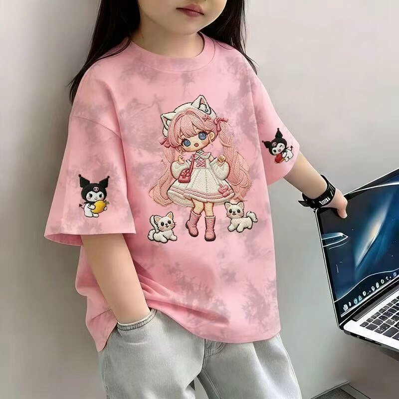 纯棉仿刺绣卡通短袖t恤女童夏季2026新款初中生中大童半袖上衣潮