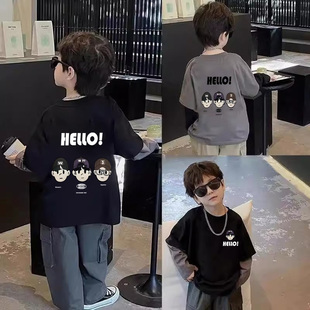 2026新款男童秋季长袖T恤假两件痞帅男孩打底衫圆领长袖t恤中大童