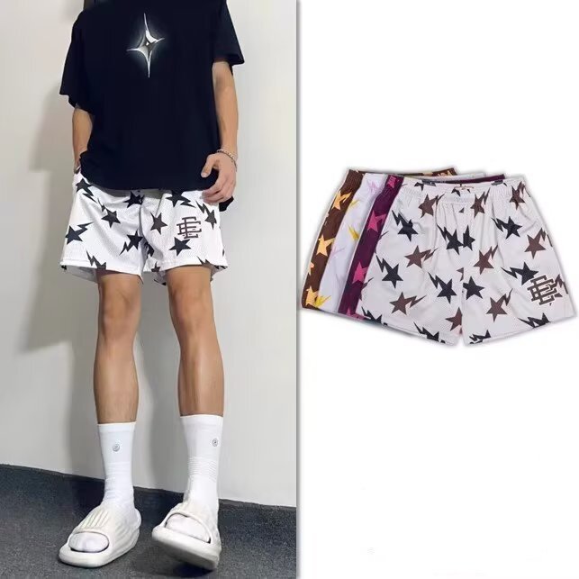 美式潮流星星图案短裤男夏季宽松休闲五分裤个性花色抽绳运动裤