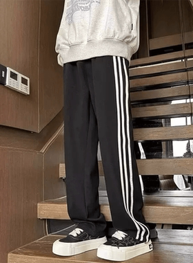 新款灰色三杠条纹系绳长裤子美式高街时尚百搭宽松直筒休闲运动裤