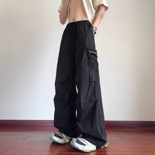 褲 純色直筒休閑褲 薄款 子設(shè)計感闊腿拖地長褲 vibe寬松傘兵工裝 夏季