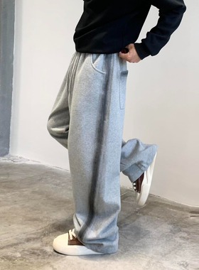 新款水洗重磅宽松灰色直筒休闲裤时尚百搭侧边条纹设计垂感弯刀裤