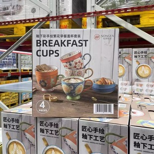 山姆代购 陶瓷高颜值家用马克杯 松发釉下彩手绘繁花早餐盖杯套装