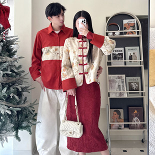 复古旗袍连衣裙订婚礼服 一裙一衣秋冬设计感法式 回门新中式 情侣装