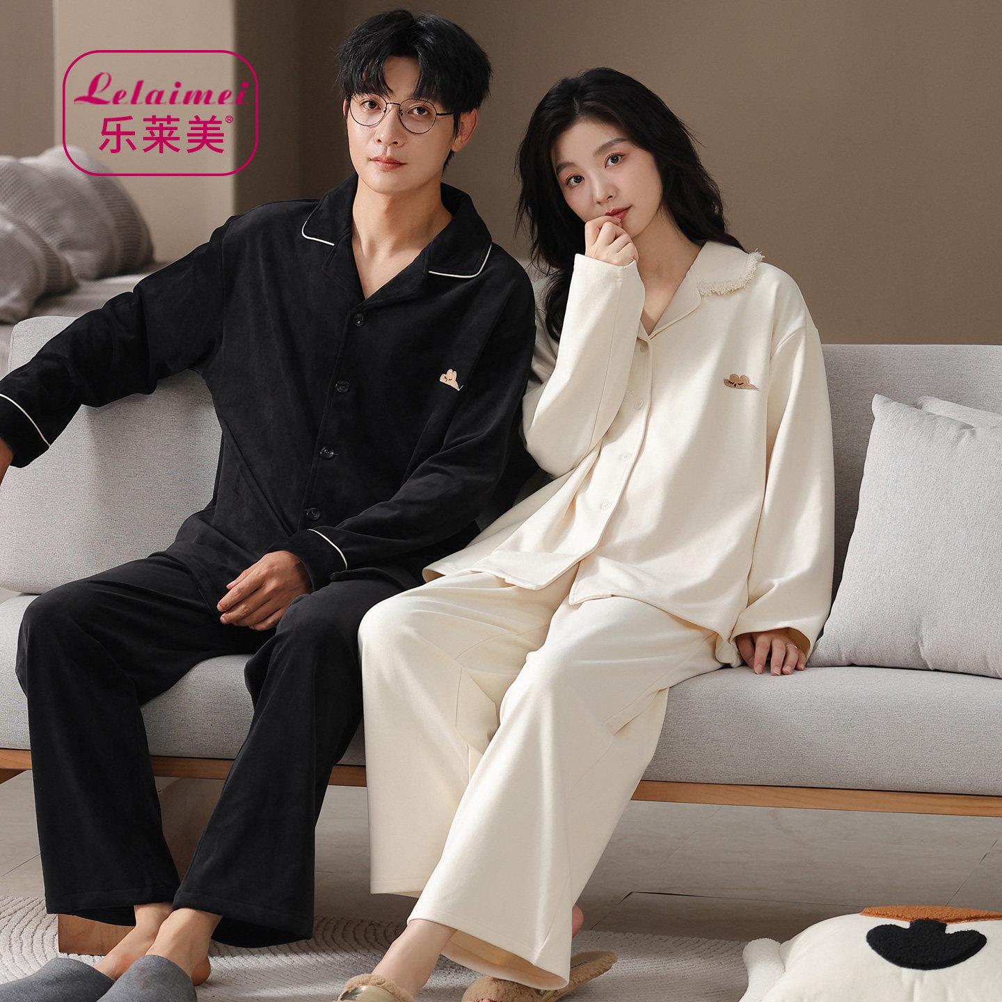 新款海岛绒珊瑚绒情侣睡衣冬薄绒长袖女翻领开衫黑色男简约家居服