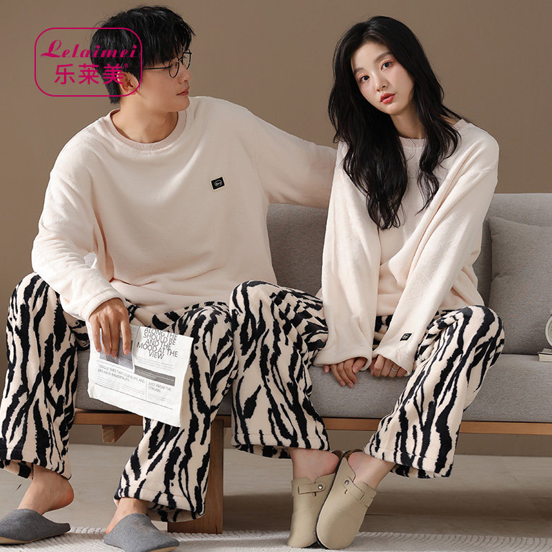 2025新款情侣睡衣冬季长袖保暖珊瑚绒家居服男女士圆领可外穿套装