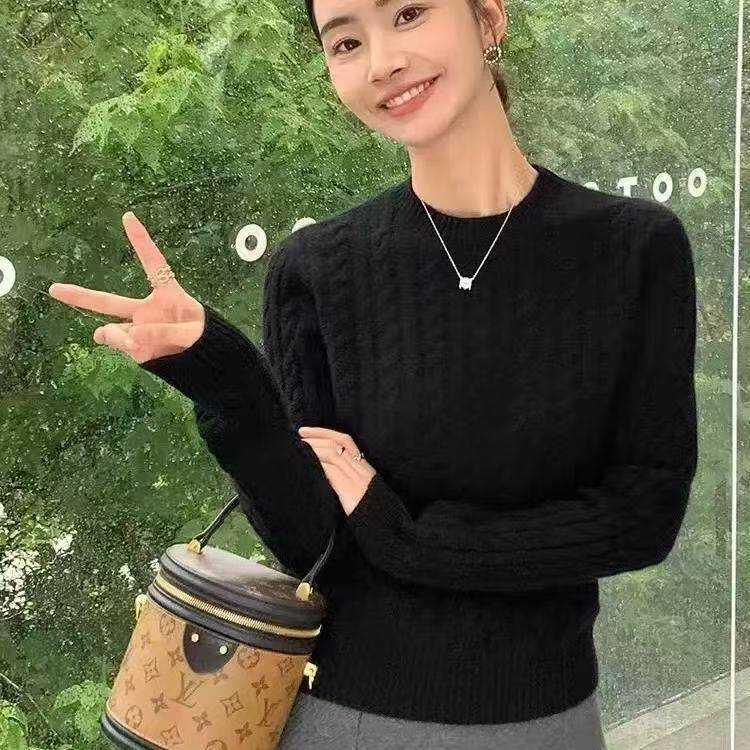学院风春秋薄款麻花毛衣女纯色修身圆领套头韩系风格短款上衣长袖