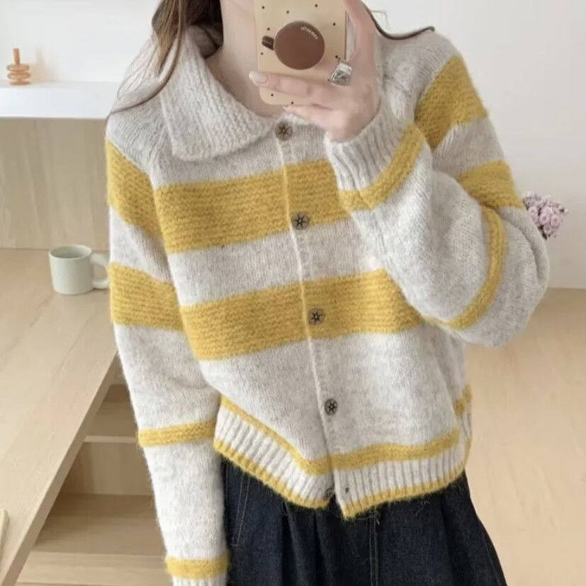 时尚慵懒风条纹毛衣外套女秋冬新款宽松显瘦针织开衫软糯短款上衣,女装/女士精品,毛针织衫,淘宝优惠券,粉丝福利购,淘宝优惠卷