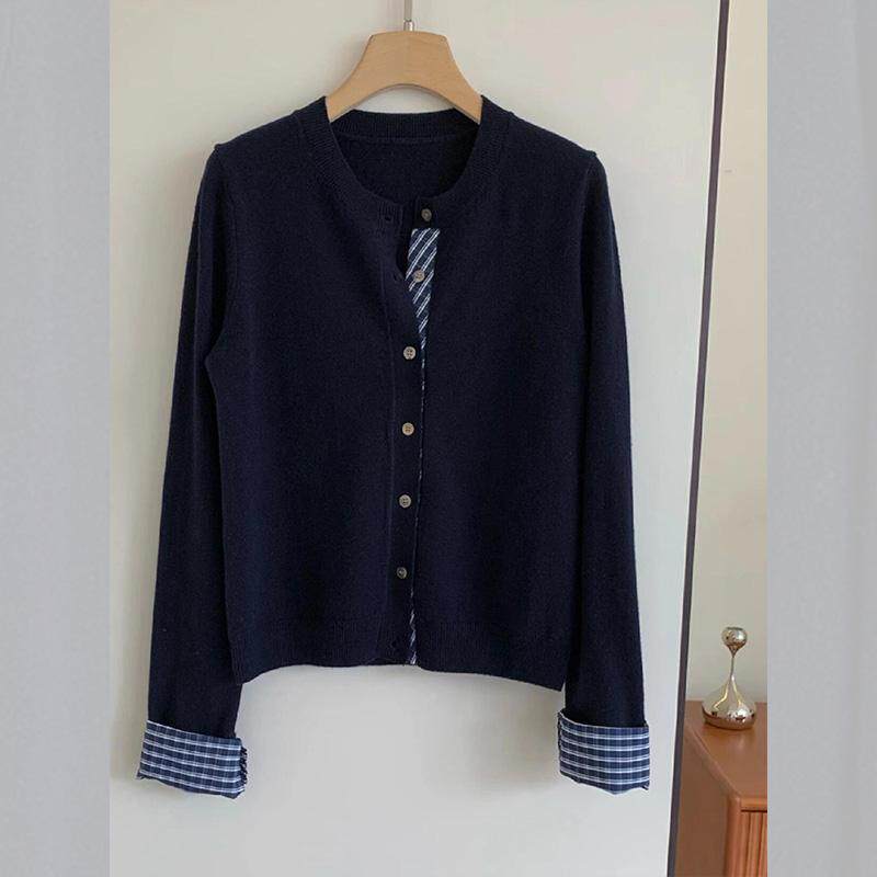 藏蓝a-010071色拼宽接假两冬件针织开衫女打秋内搭底衫松毛衣短款