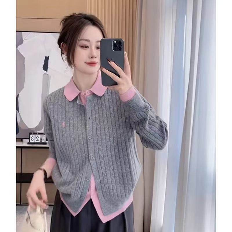 温柔设计感小众Polo领撞色拼接针织外套女早春新款韩系百搭上衣女,女装/女士精品,毛针织衫,淘宝优惠券,粉丝福利购,淘宝优惠卷