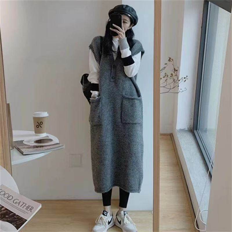 韩版背心裙洋气宽松领连衣裙休闲针织秋冬长款毛衣女