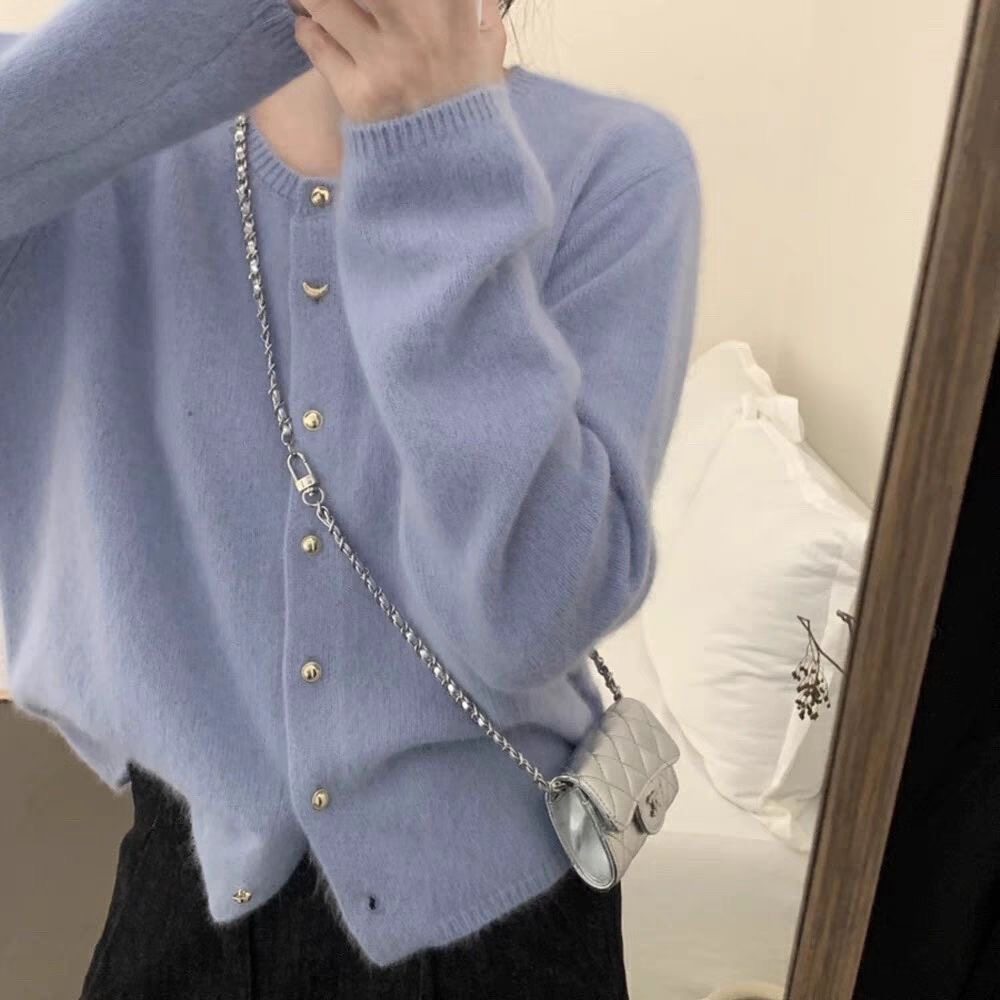 法式柔软蓝色圆领针织开衫上衣女秋冬季慵懒风短款毛衣外套,女装/女士精品,毛针织衫,淘宝优惠券,粉丝福利购,淘宝优惠卷