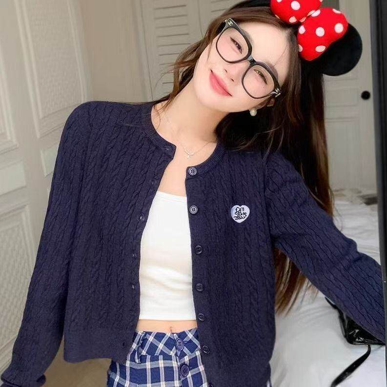 麻花针织开衫女2025新款早春爱心外穿藏蓝色毛衣外套春秋