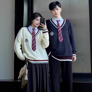 韩版初中学生毛衣校服套装学院风秋冬季高中班服运动会合唱演出服