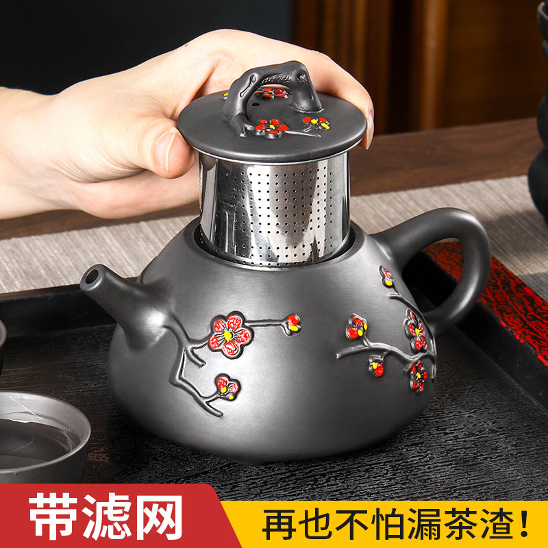 大容量朱泥手彩石瓢梅壶