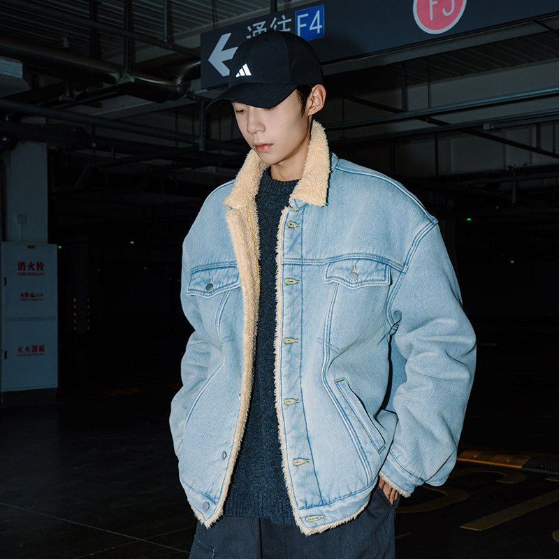 拾壹男士冬季保暖加厚羊羔绒棉衣美式复古重磅水洗牛仔夹克外套