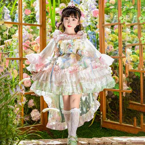 儿童洛丽塔裙子女童花朵公主裙春秋新款仙气生日长袖拖尾连衣长裙